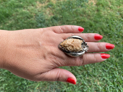 Big Adjustable Bone Carved Tibetan Silver Ring, Owl, Bear Face, Lord Shiva Hamsa with Evel Eye Ring, Unique Ring, Punk Jewelry