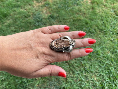 Big Adjustable Bone Carved Tibetan Silver Ring, Owl, Bear Face, Lord Shiva Hamsa with Evel Eye Ring, Unique Ring, Punk Jewelry
