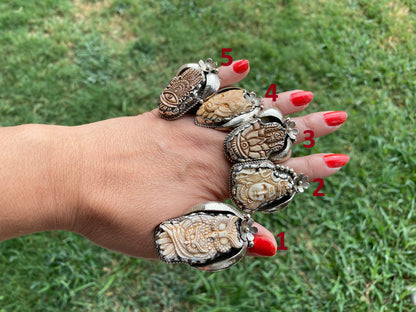 Big Adjustable Bone Carved Tibetan Silver Ring, Owl, Bear Face, Lord Shiva Hamsa with Evel Eye Ring, Unique Ring, Punk Jewelry