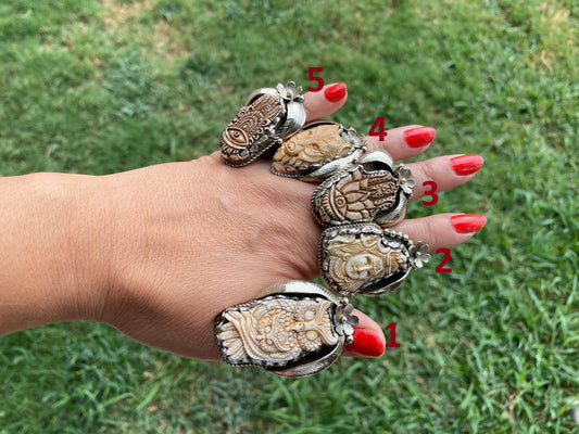 Big Adjustable Bone Carved Tibetan Silver Ring, Owl, Bear Face, Lord Shiva Hamsa with Evel Eye Ring, Unique Ring, Punk Jewelry