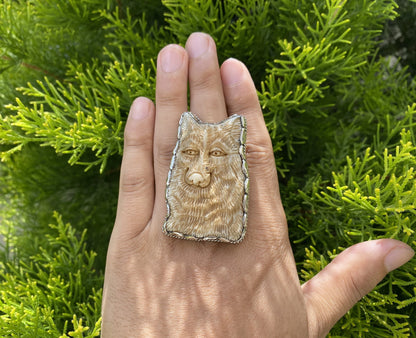 Big Adjustable Bone Carved Wolf Head Tibetan Silver Ring | Buffalo Bone Ring, Boho Ring, Large Ring, Gift for Him, Handmade Ring.