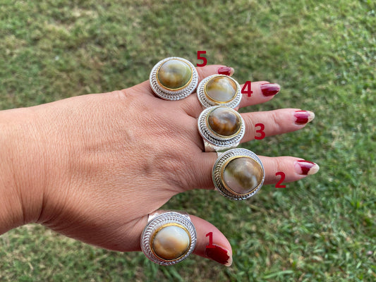 Big Adjustable Crunch Shell Two Tone Ring, Brushed Gold and Silver Overlay, Wide Band, Hippie Ring, Hammered Ring, Marine Inspired Ring