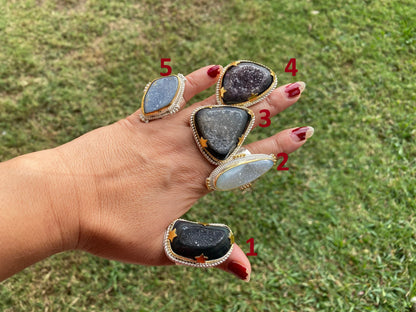 Big Adjustable Druzy Ring, Two Tone Gold with Silver Overlay, Wide Band Ring, Hippie Rings, Unique Jewelry, Fashion Ring, Handmade Jewelry