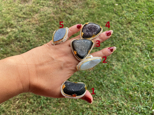 Big Adjustable Druzy Ring, Two Tone Gold with Silver Overlay, Wide Band Ring, Hippie Rings, Unique Jewelry, Fashion Ring, Handmade Jewelry