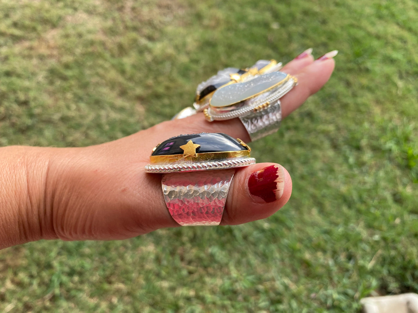 Big Adjustable Druzy Ring, Two Tone Gold with Silver Overlay, Wide Band Ring, Hippie Rings, Unique Jewelry, Fashion Ring, Handmade Jewelry
