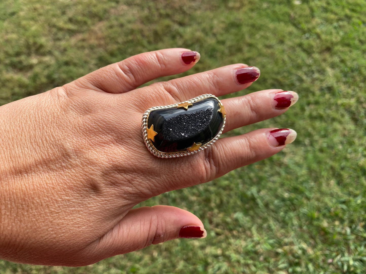 Big Adjustable Druzy Ring, Two Tone Gold with Silver Overlay, Wide Band Ring, Hippie Rings, Unique Jewelry, Fashion Ring, Handmade Jewelry