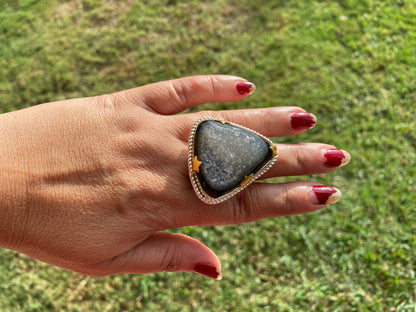 Big Adjustable Druzy Ring, Two Tone Gold with Silver Overlay, Wide Band Ring, Hippie Rings, Unique Jewelry, Fashion Ring, Handmade Jewelry