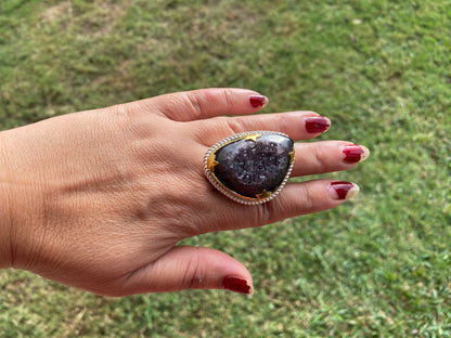 Big Adjustable Druzy Ring, Two Tone Gold with Silver Overlay, Wide Band Ring, Hippie Rings, Unique Jewelry, Fashion Ring, Handmade Jewelry