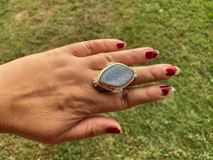 Big Adjustable Druzy Ring, Two Tone Gold with Silver Overlay, Wide Band Ring, Hippie Rings, Unique Jewelry, Fashion Ring, Handmade Jewelry