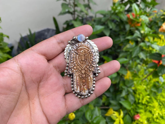 Big Adjustable Hand-Carved Hamsa Buffalo Bone Ring with moonstone Gemstone | Tibetan Silver Spiritual Jewelry, Unisex Statement Ring