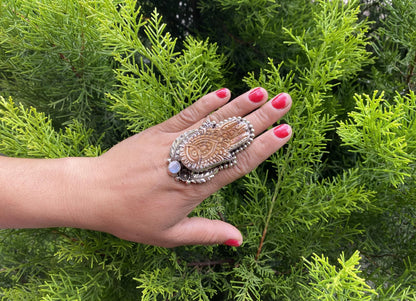 Big Adjustable Hand-Carved Hamsa Buffalo Bone Ring with moonstone Gemstone | Tibetan Silver Spiritual Jewelry, Unisex Statement Ring