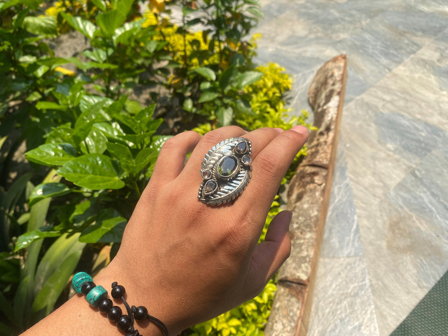 Big Adjustable Handmade Ring, Tibetan Silver Ring adorned with White Topaz, Smoky Quartz and Peridotite.