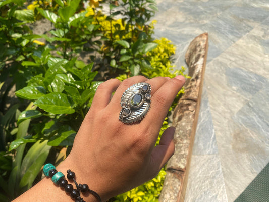 Big Adjustable Handmade Ring, Tibetan Silver Ring adorned with White Topaz, Smoky Quartz and Peridotite.