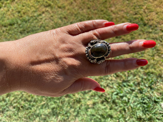 Big Adjustable Natural Labradorite Gemstone Tibetan Silver Ring, Statement Ring, Labradorite Boho Ring,