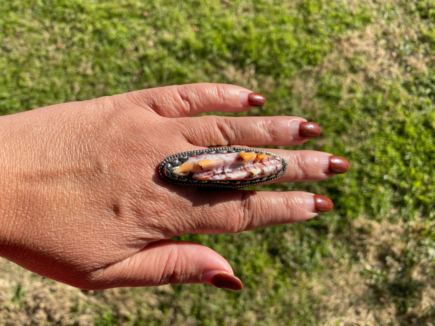 Big Adjustable Natural Orange Spiny Oyster Tibetan Silver Ring, Spiny Oyster Jewelry, Southwest Ring, Statement Ring, Native American Style