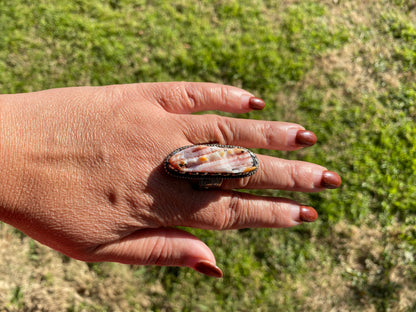 Big Adjustable Natural Orange Spiny Oyster Tibetan Silver Ring, Spiny Oyster Jewelry, Southwest Ring, Statement Ring, Native American Style
