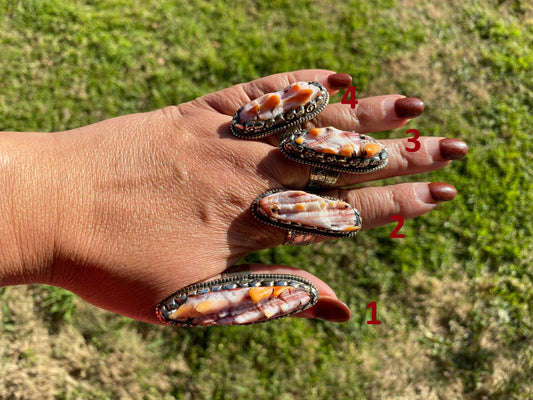 Big Adjustable Natural Orange Spiny Oyster Tibetan Silver Ring, Spiny Oyster Jewelry, Southwest Ring, Statement Ring, Native American Style