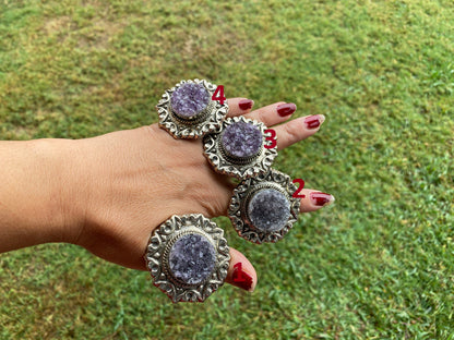 Big Adjustable Natural Raw Amethyst Druzy Tibetan Silver Ring, February Birthstone Jewelry, Amethysts Geode Ring, Chunky Bohemian Ring