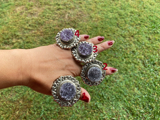 Big Adjustable Natural Raw Amethyst Druzy Tibetan Silver Ring, February Birthstone Jewelry, Amethysts Geode Ring, Chunky Bohemian Ring