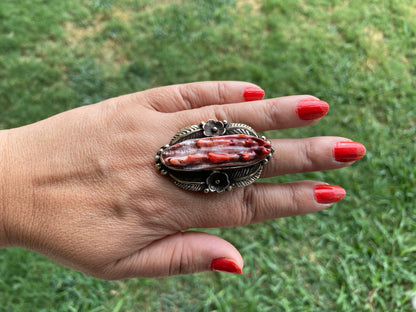 Big Adjustable Natural Spiny Oyster Tibetan Silver Ring, Spiny Oyster Jewelry, Southwest Ring, Statement Ring, Native American Style