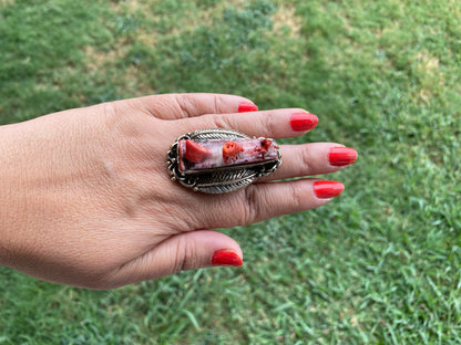 Big Adjustable Natural Spiny Oyster Tibetan Silver Ring, Spiny Oyster Jewelry, Southwest Ring, Statement Ring, Native American Style