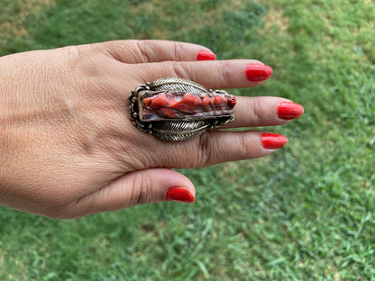 Big Adjustable Natural Spiny Oyster Tibetan Silver Ring, Spiny Oyster Jewelry, Southwest Ring, Statement Ring, Native American Style