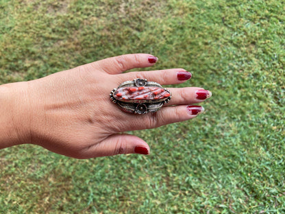 Big Adjustable Natural Spiny Oyster Tibetan Silver Ring, Spiny Oyster Jewelry, Southwest Ring, Statement Ring, Native American Style