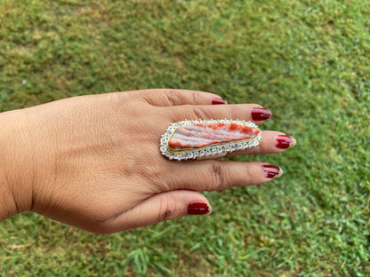 Big Adjustable Natural Spiny Oyster Two Tone Ring, Gold with Silver Overlay Jewelry, Southwest Ring, Statement Ring, Native American Style