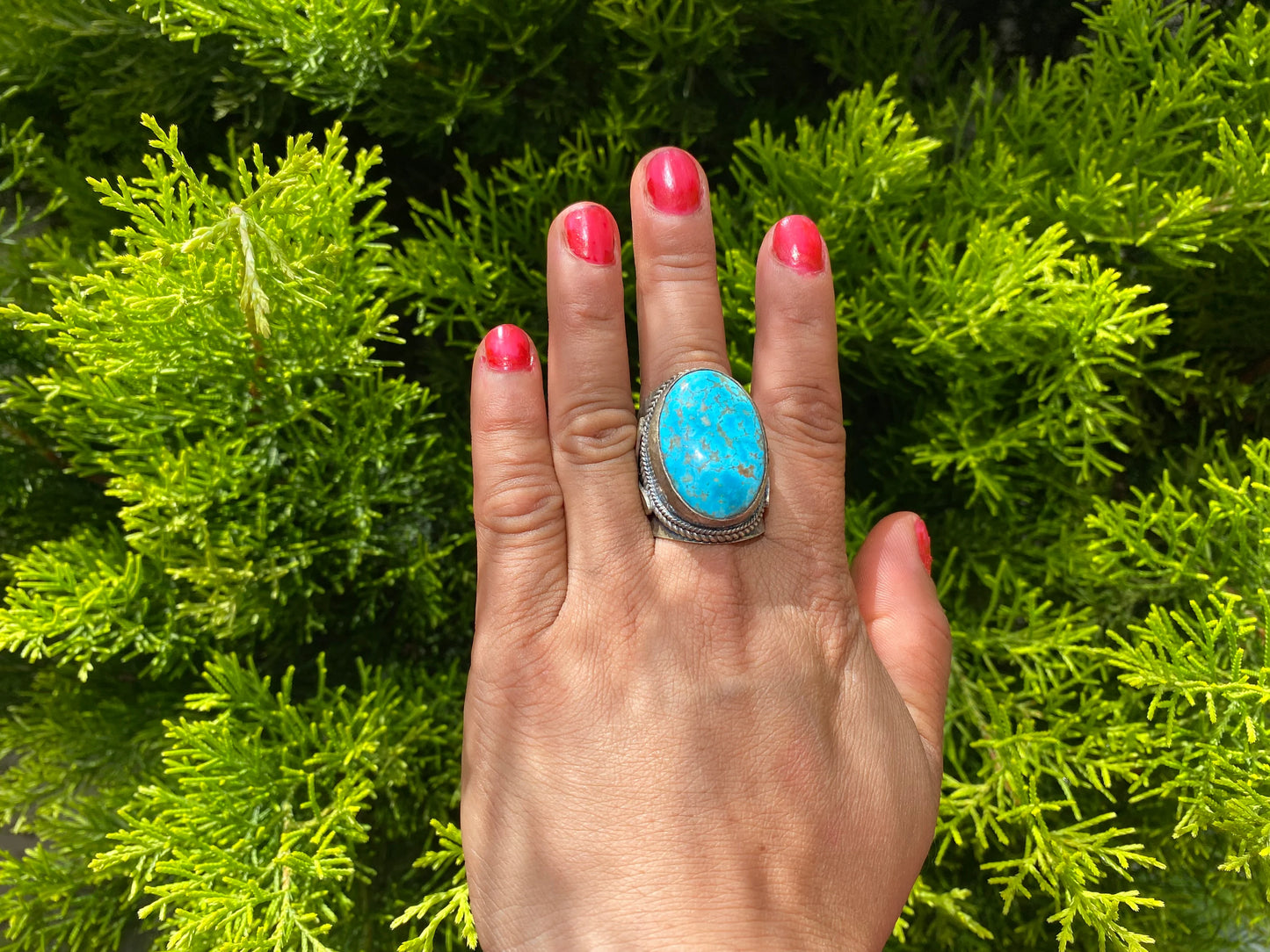 Big Adjustable Natural Turquoise Ring with Butterfly Design in Silver Overlay Brass | Unique Statement Ring, Bohemian Fashion Jewelry