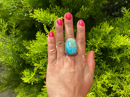 Big Adjustable Natural Turquoise Ring with Butterfly Design in Silver Overlay Brass | Unique Statement Ring, Bohemian Fashion Jewelry