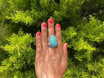 Big Adjustable Natural Turquoise Ring with Butterfly Design in Silver Overlay Brass | Unique Statement Ring, Bohemian Fashion Jewelry