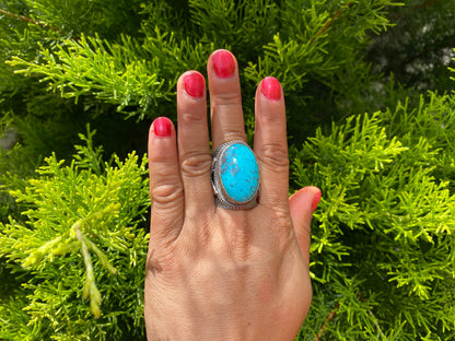 Big Adjustable Natural Turquoise Ring with Butterfly Design in Silver Overlay Brass | Unique Statement Ring, Bohemian Fashion Jewelry