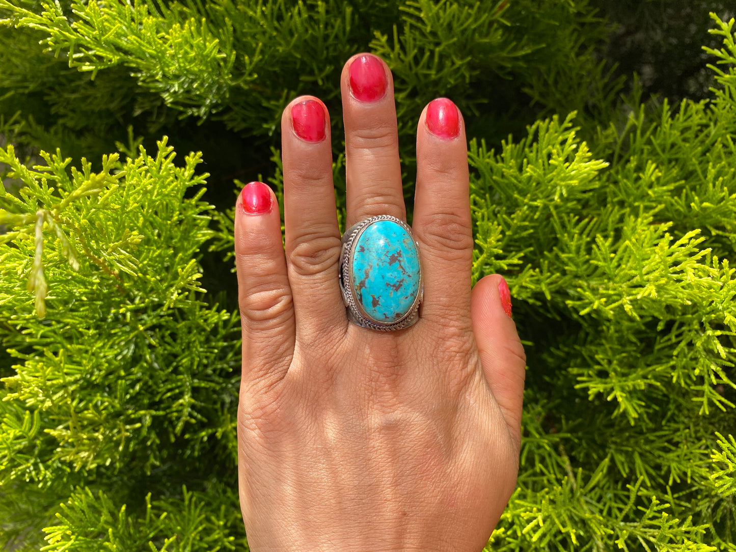 Big Adjustable Natural Turquoise Ring with Butterfly Design in Silver Overlay Brass | Unique Statement Ring, Bohemian Fashion Jewelry