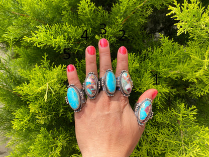 Big Adjustable Natural Turquoise with Spiny Oyster Ring | Two Tone Silver Overlay Brass Statement Ring, Hammered Aesthetic Elegant Jewelry