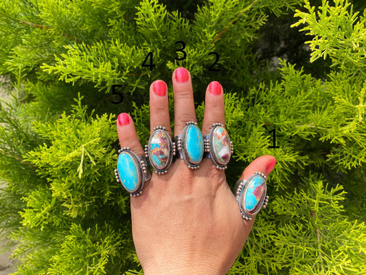 Big Adjustable Natural Turquoise with Spiny Oyster Ring | Two Tone Silver Overlay Brass Statement Ring, Hammered Aesthetic Elegant Jewelry