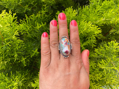 Big Adjustable Natural Turquoise with Spiny Oyster Ring | Two Tone Silver Overlay Brass Statement Ring, Hammered Aesthetic Elegant Jewelry