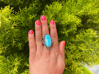 Big Adjustable Natural Turquoise with Spiny Oyster Ring | Two Tone Silver Overlay Brass Statement Ring, Hammered Aesthetic Elegant Jewelry