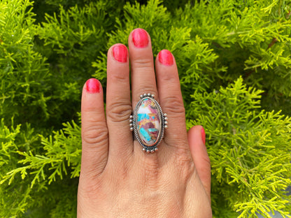 Big Adjustable Natural Turquoise with Spiny Oyster Ring | Two Tone Silver Overlay Brass Statement Ring, Hammered Aesthetic Elegant Jewelry