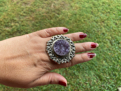 Big Adjustable Raw Amethyst Geode Tibetan Silver Ring, Purple Raw Stone Rings, Amethyst Crystal Ring, Statement Rings, Chunky Bohemian Ring
