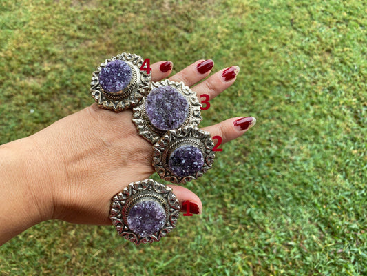 Big Adjustable Raw Amethyst Geode Tibetan Silver Ring, Purple Raw Stone Rings, Amethyst Crystal Ring, Statement Rings, Chunky Bohemian Ring
