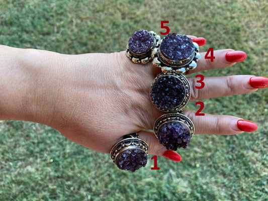Big Adjustable Raw Amethyst Geode Tibetan Silver Ring, Purple Raw Stone Rings, Amethyst Crystal Ring, Statement Rings, Chunky Bohemian Ring
