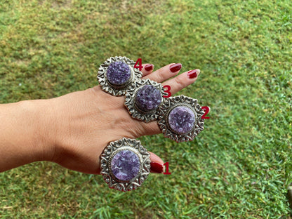 Big Adjustable Raw Amethyst Tibetan Silver Ring, Purple Raw Stone Rings, Purple Crystal, Sparkling Druzy, Handcrafted Ring Nature Inspired