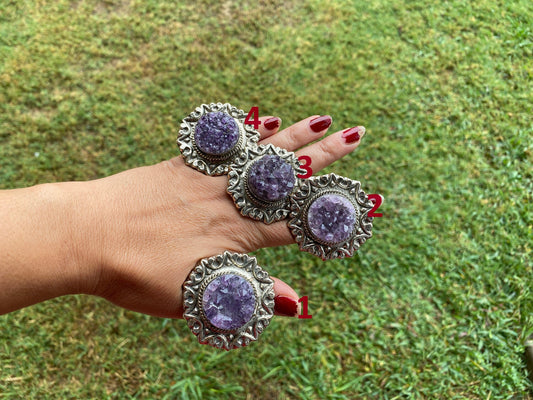 Big Adjustable Raw Amethyst Tibetan Silver Ring, Purple Raw Stone Rings, Purple Crystal, Sparkling Druzy, Handcrafted Ring Nature Inspired