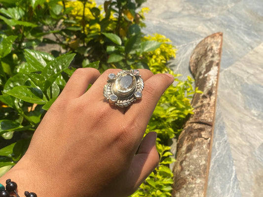 Big Adjustable Tibetan Silver Ring adorned with White Topaz and Citrine.