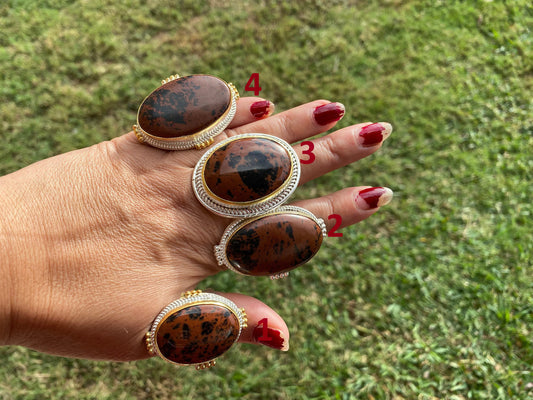 Big Adjustable Two Tone Jasper Ring for Love Relationship, Mindfulness Gift, Brushed Gold And Silver Overlay, Wide Band Ring Cocktail Ring