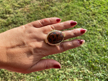 Big Adjustable Two Tone Jasper Ring for Love Relationship, Mindfulness Gift, Brushed Gold And Silver Overlay, Wide Band Ring Cocktail Ring