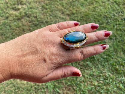 Big Adjustable Two Tone Ring, Labradorite Gemstone, Gold and Silver Overlay Ring, Statement Ring, Luxury Jewelry, Hammered Ring, Big Stone