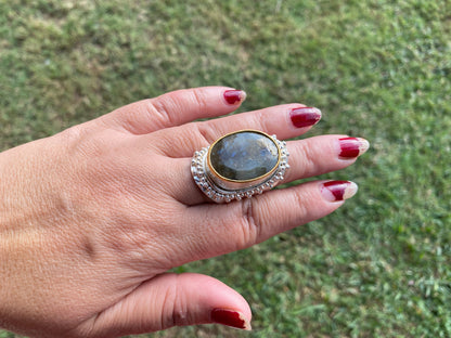 Big Adjustable Two Tone Ring, Labradorite Gemstone, Gold and Silver Overlay Ring, Statement Ring, Luxury Jewelry, Hammered Ring, Big Stone