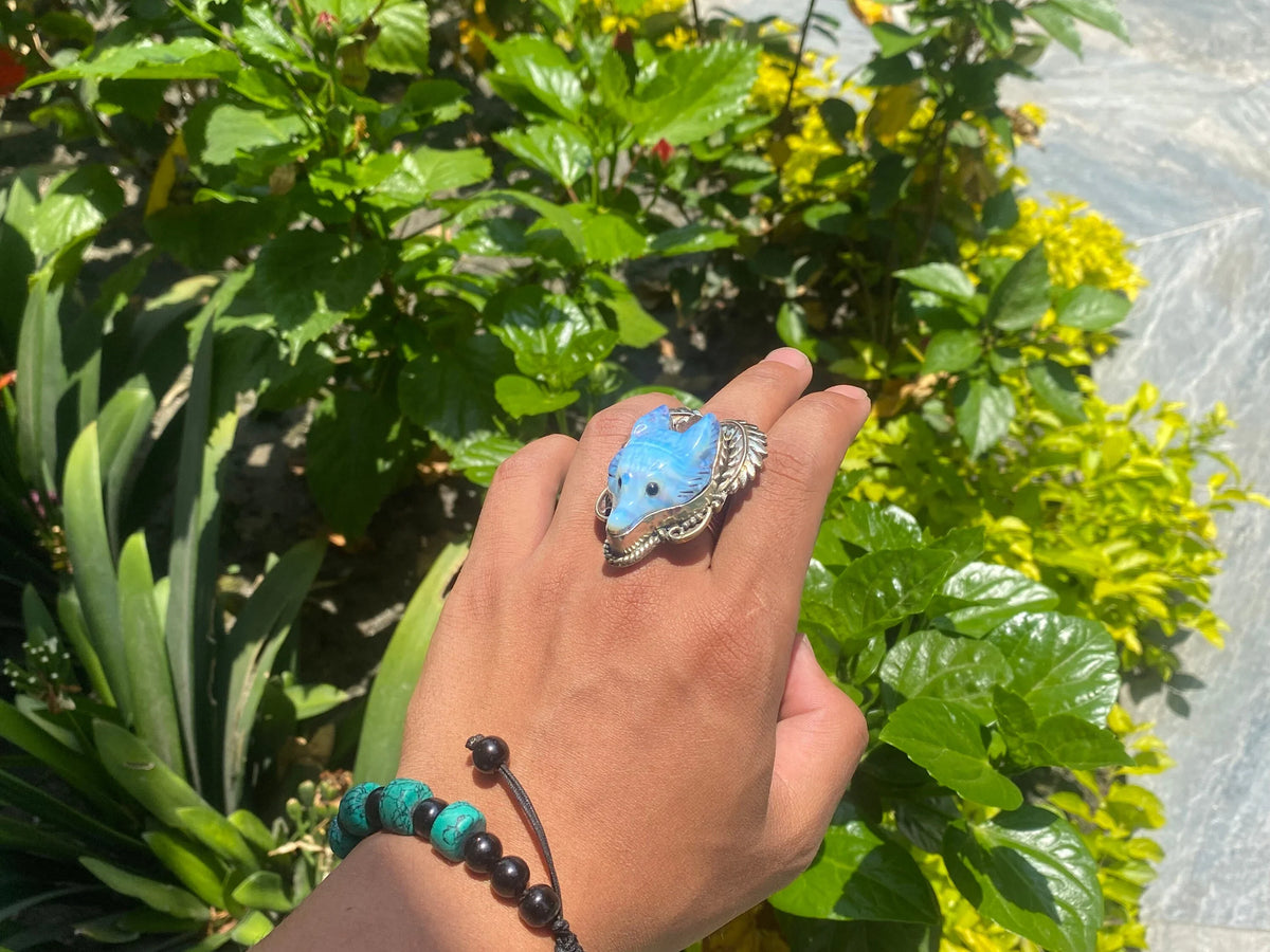 Big Adjustable Wolf Carved Opalite Stone Ring, Tibetan Silver Ring.