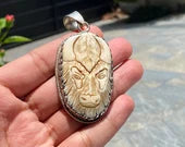 Big Bull Face carved on Buffalo Bone Pendant, Antique buffalo bone Pendant for daily wear, Tibetan Silver Pendant for Fashion, Unique&Unisex